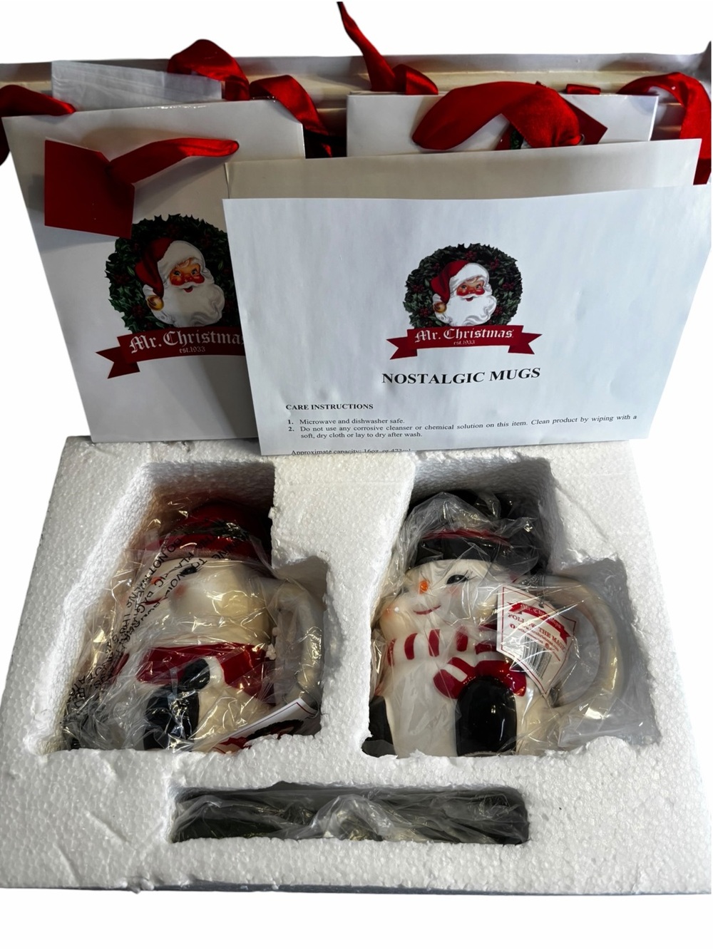 Mr. Christmas Nostalgic Snowman Mugs Set of 2 16oz Lids Spoons Gift Bags
